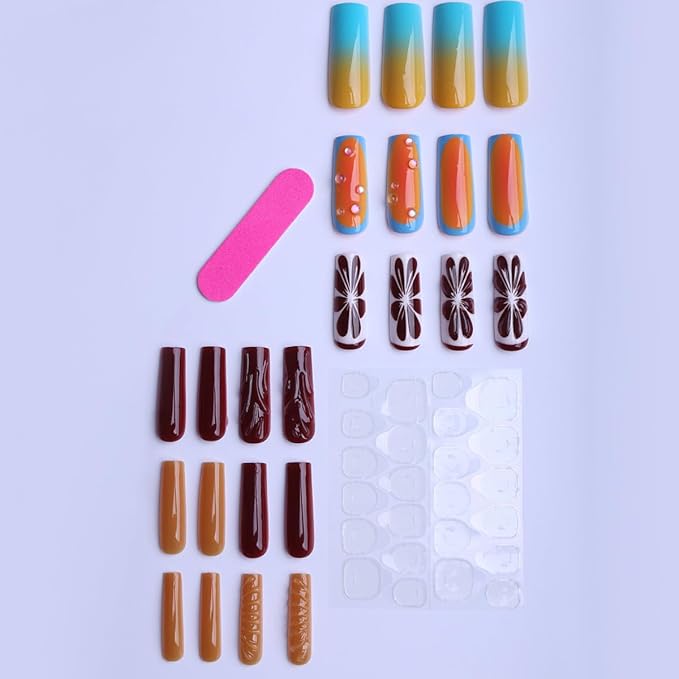 Long Square Press on Nails Wine Red Fake Nails Fruits 3D Water Drip Ripple Design Full Cover Glossy Glue on Nails for Women 24PCS