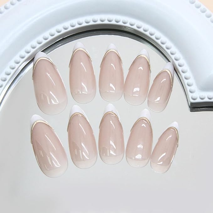 White French Tip Press on Nails Short Almond Fake Nails with 3D Gold Line Design Stick on Nails Nude False Nails Reusable Full Cover Acrylic Glue On Nail for Women Nail Art Decoration 24Pcs