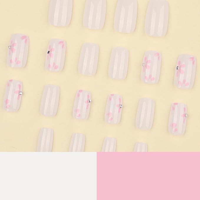 Nude Press On Nails Medium Square, Pink Flower Fake Nails with 3D Floral Design, Glossy Finish Reusable Acrylic Nails, Natural Glue On Nails Kit for Women, 24Pcs