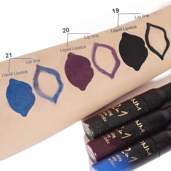 3Pcs 2 in 1 Dark Black Purple Royal Blue Lip Liner and Liquid Lipstick Stain Makeup Set for women, Long Lasting Smudge Proof Lip Tint Matte Finish Lip Gloss for All-Day Color Hold Easy to Use, Set07