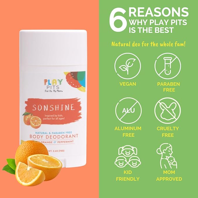 PLAY PITS - Natural Kids Whole Body Deodorant - Safe for Girls & Boys w/Sensitive Skin of All Ages - Clean, Non-Toxic, & Paraben Free - SONSHINE Scent - Infused w/Essential Oils – 2.65 Oz