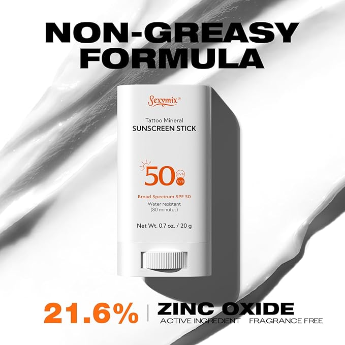 Sexymix Tattoo Sunscreen Stick, SPF 50 Waterproof Sunscreen Stick Broad Spectrum UVA/UVB Protection 0.7 oz with Zinc Oxide, Tattoo Aftercare Sunscreen for Tattoos Non-Dirty Hands Available Anytime