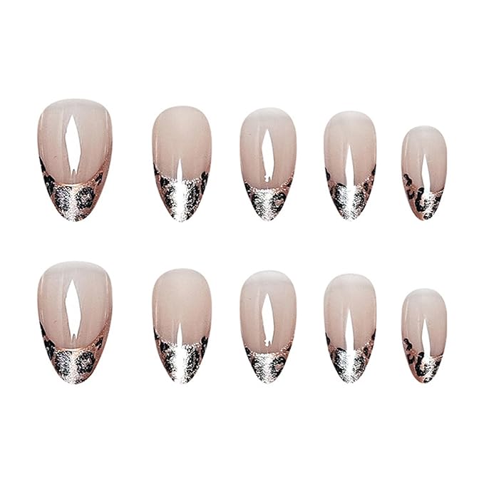 French Tip Press on Nails Short Almond Fake Nails with Leopard Print Designs Glue on Acrylic Nails Glossy Glitter False Nails Press ons for Women Manicure 24Pcs