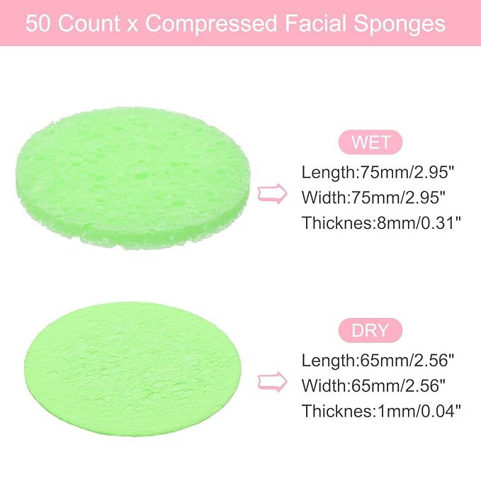 uxcell 50 Count Compressed Facial Sponges Round Face Cleansing Sponges Pads for Daily Skincare Routines at Home, Kitchen(Green)