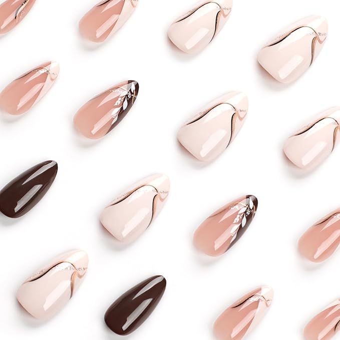 Medium Almond Press on Nails French Tip Fake Nails Gold Line Stripe False Nails with Designs Leaf Glitter Glue on Nails Glossy Acrylic Nails Nude Stick on Nails for Women Girls Manicure Art 24 Pcs