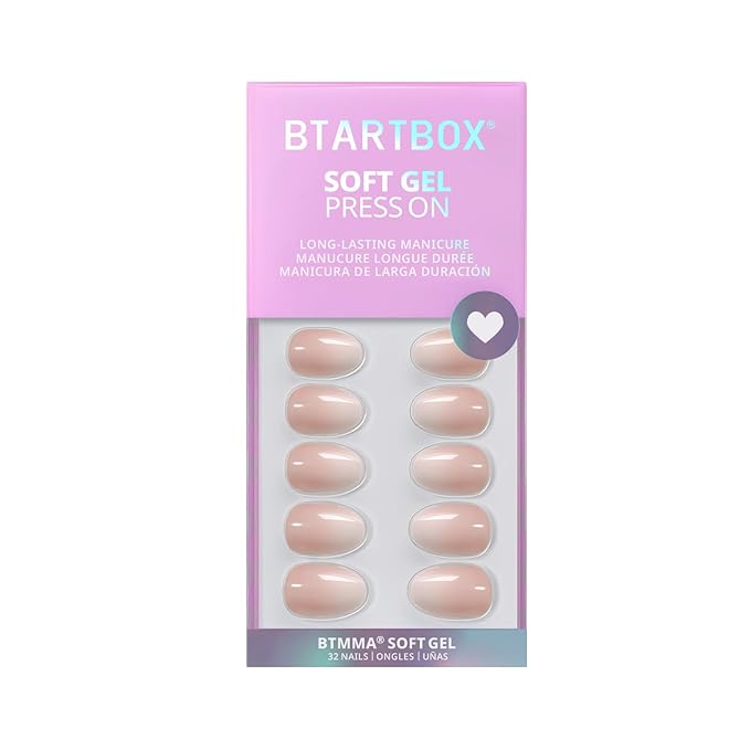 BTArtbox Press On Nails Almond - Extra Short Press On Nails, Nude White Ombre Soft Gel Nails, Natural Reusable Stick On Nails in 16 Sizes - 32 Fake Nails Kit