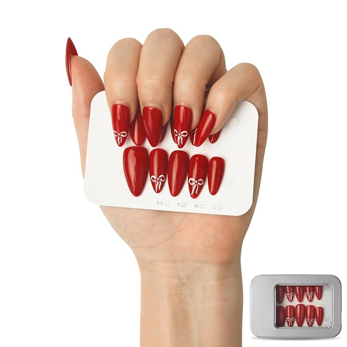 Red Press On Nails Bow Design - Medium Almond Handmade Reusable Gel Acrylic 10pcs (Dark Rose Collection, Size S)