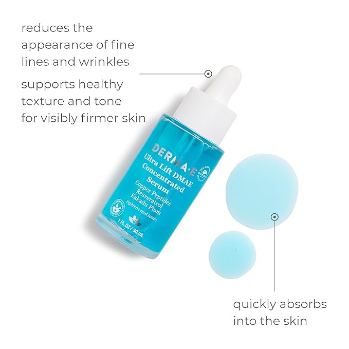 DERMA E Ultra Lift DMAE Concentrated Serum – All Natural Skin Firming & Hydrating Serum with Copper Peptides and Resveratrol – Concentrated Facial Skin Care, 1oz
