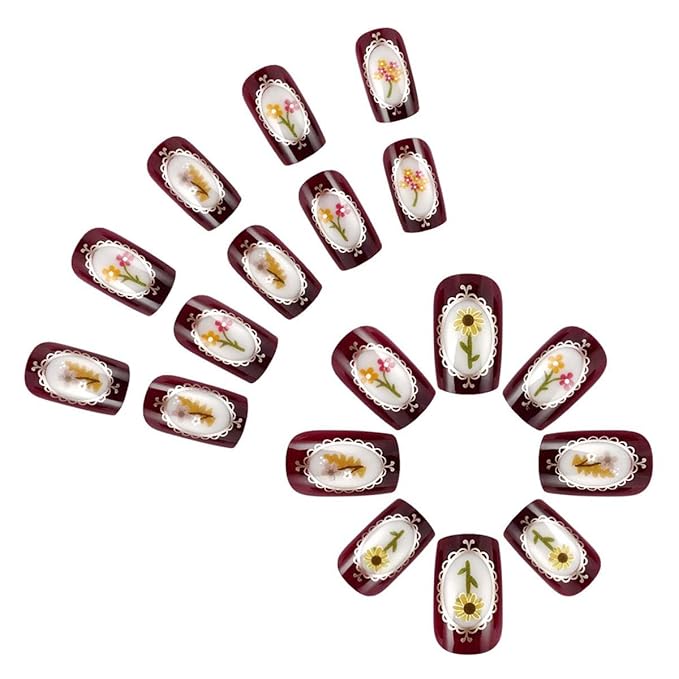 Square Press on Nails Medium Fake Nails Brown False Nails with Sunflower Design Cute Acrylic Nails Full Cover Artificial Nails Glossy Floral Glue on Nails Stick on Nails for Women 24Pcs