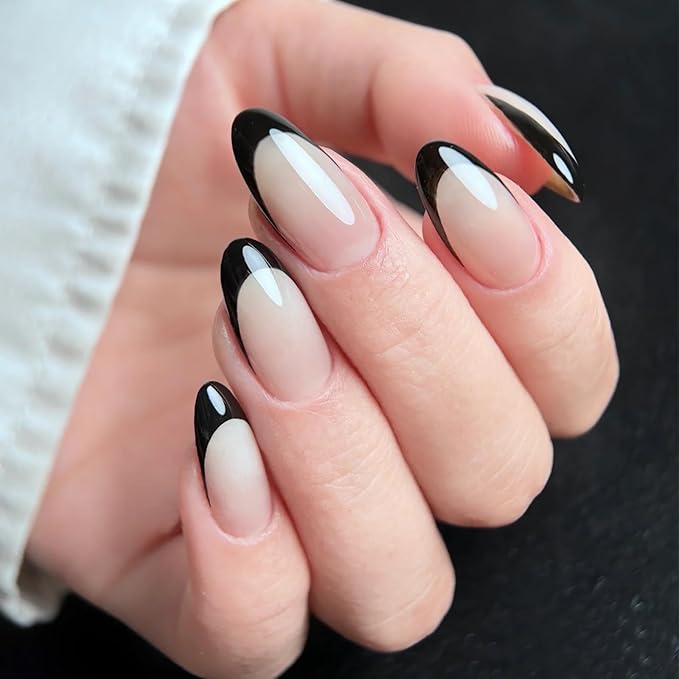 Short Almond Press On Nails Black French Nail Tips with Glue & Gule Remover Reusable 15 Sizes-30 Fake Nail kit for Woman