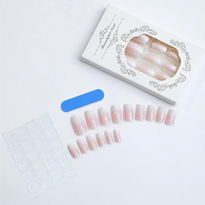 Medium Square Press on Nails Nude Fake Nails with Glossy Designs Full Cover Stick on Nails Gradient Nude Pink Coffin False Nails Acrylic Salon Manicure Reusable Glue on Nails for Women 24pcs