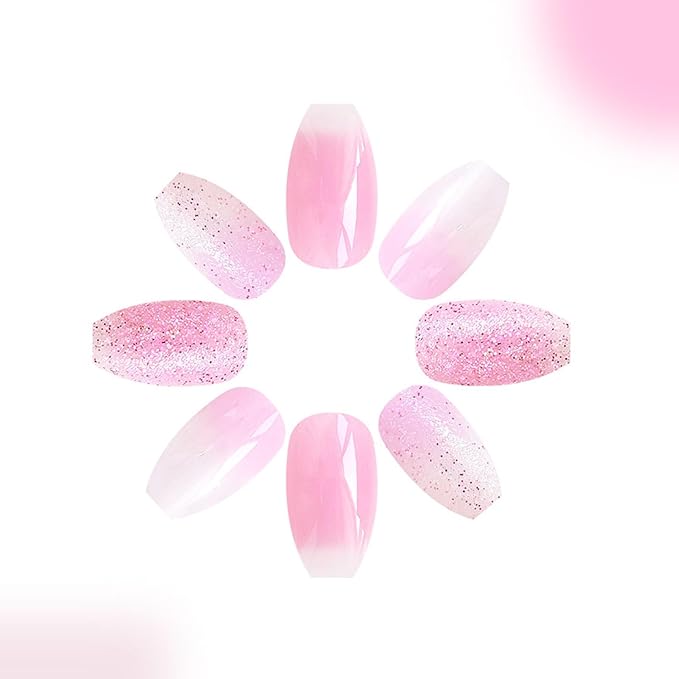 Spring Press on Nails Short Coffin Fake Nails with Glitter Designs White Pink Ombre Nails Press ons Glossy Glue on Nails Cute Acrylic Nails Artificial False Nails Stick on Nails for Women 24Pcs