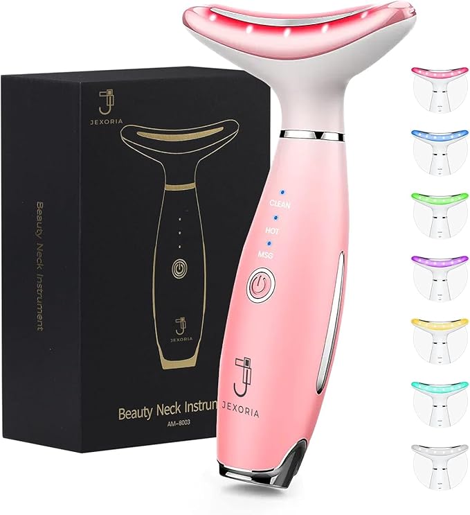 7 Color LED Light Therapy with Heat & Vibration - Women's Face & Neck Massager - Skin Firming Tool - Facial Tightening and Jawline Care