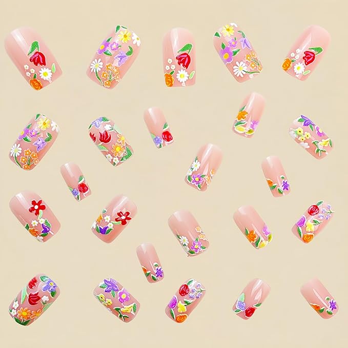 24Pcs Medium Square Glossy Flower Fake Nails - Colorful 3D Flowers Acrylic Press On Nails - Full Cover Artificial Glue On Nails - Spring Summer Nail Supplies for Women DIY Manicure Salon