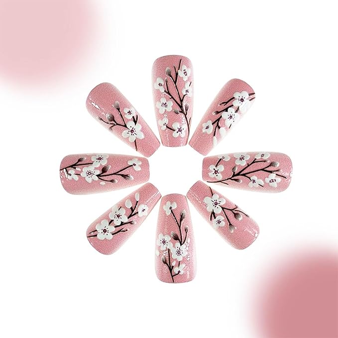 Pink Press on Nails Medium Coffin Fake Nails Sakura Flower Acrylic Nails 3D Floral False Nails Glossy Glue on Nails Stick on Nails Cute Artificial Nails for Women Girls Manicure 24Pcs