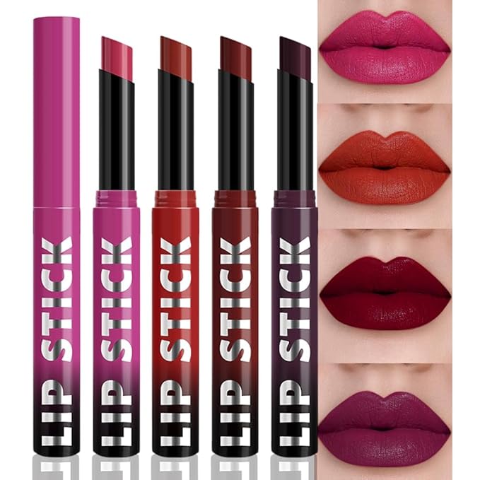 4Pcs Matte Lipstick Set for Women, Hot Pink Orange Red Maroon Plum Purple LIpstick Lip Balm, Long Lasting Waterproof Transfer-Proof Vegan Lip Gloss Products Makeup All-Day Formula SetA02