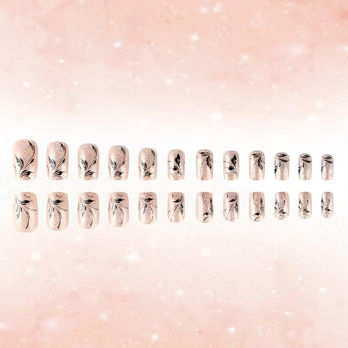 Black Leaf Press on Nails Fall Vine Stick on Fingernails 24Pcs Glossy Silver Glitter Acrylic Fake Nail Thanksgiving Medium Square False Nails Autumn Gel Glue on Nail for Coquette Women Girls