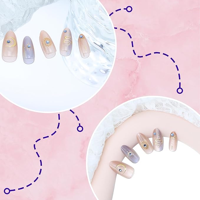 30pcs Purple Press on Nails Short Almond Fake Nails with 3D Snake Star Moon Designs Blue Diamond Glue on Nails Stars False Nails Bohemia Acrylic Nails Full Cover Stick on Nails for Women