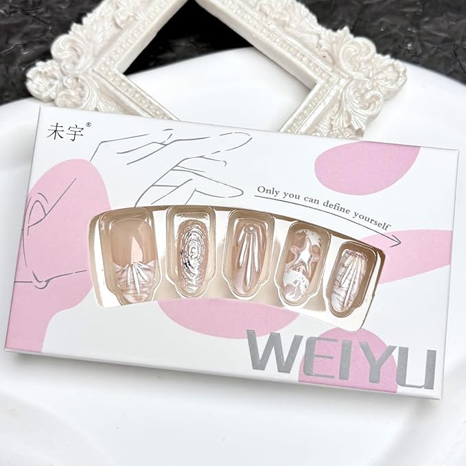 24Pcs Summer Beach Press on Nails Medium Almond French Tip Fake Nails 3D Shell Starfish Rhinestones Designs Full Cover Stick on Nails White Shell False Nails for Women Girls Acrylic Nails Decor DIY