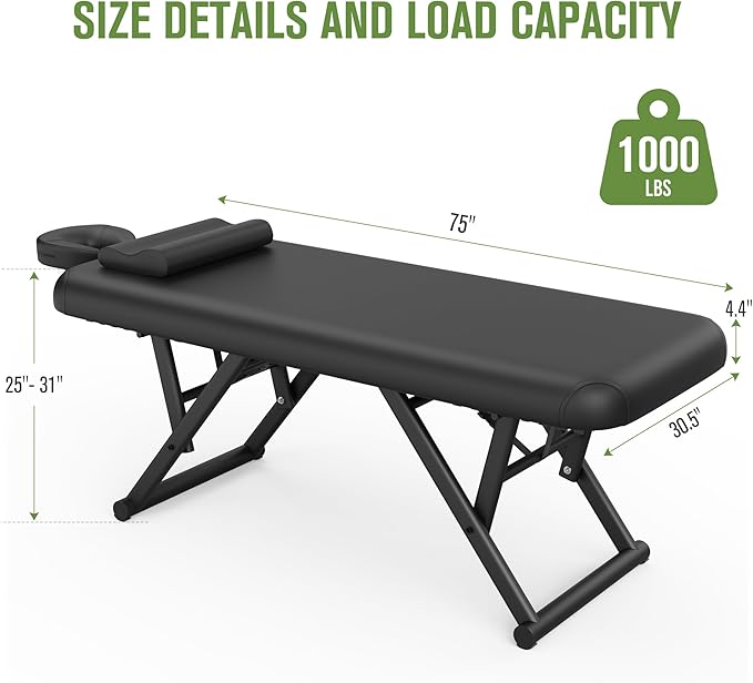 pouseayar Adjustable Massage Table with Face Pillow & Headrest, Sturdy and Solid, Silent and Easy to Adjust - Fixed Backrest, Black