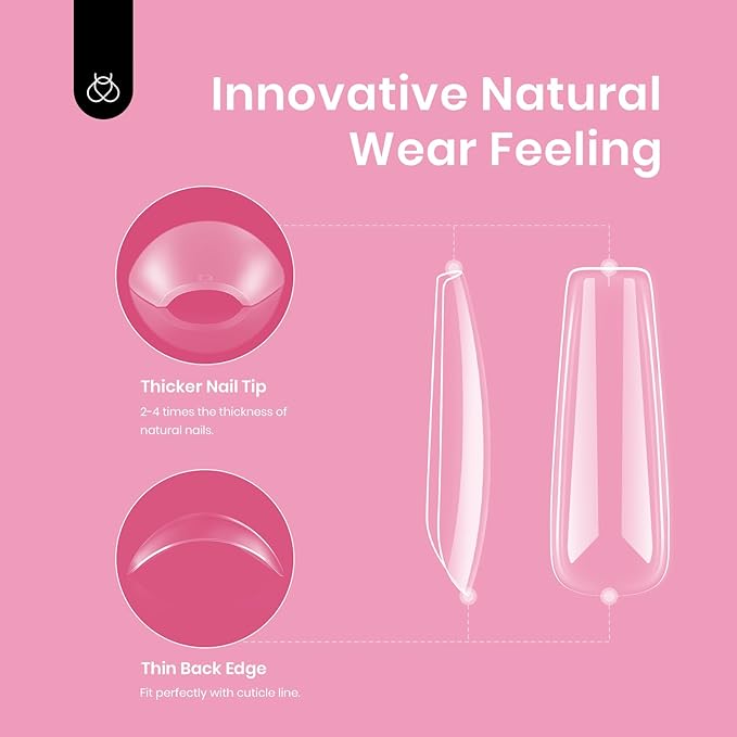 Beetles Gel Nail Tips Long Square Nail Tips, 12 Sizes 288 PCS Pre-Shaped Clear Full Cover False Nails Tips Clear Acrylic Nails Glue on Nails for Girls Women Nail Art Design,Nail Glue Needed