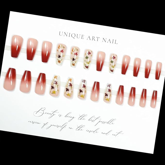 24Pcs Maple Leaves Press on Nails Medium Fake Nails Fall Glue on Nail Clear Gradient French Acrylic Artificial Nails Full Cover Autumn Maple Leaf Stick on Nails for Women Nail Art Decorations