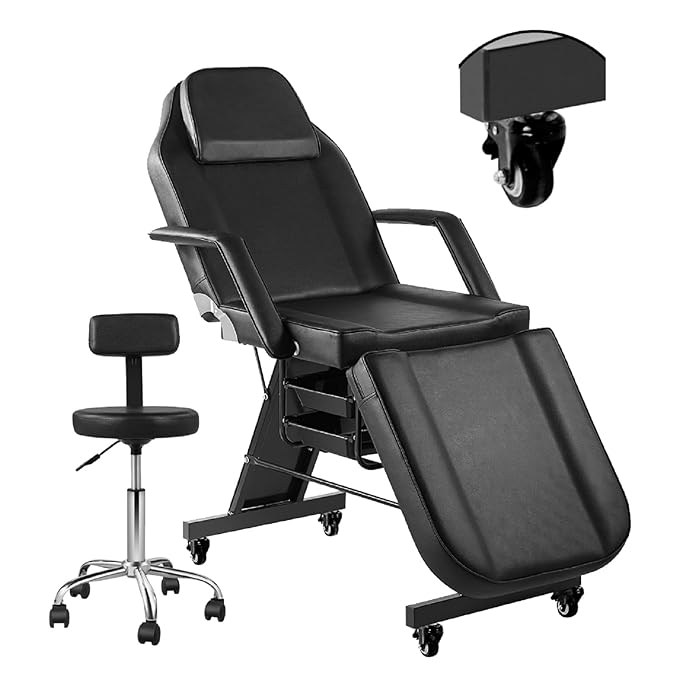 Facial Chair with Wheel Tattoo Chair for Client Beauty Chair Artist Spa Bed Removable Headrest for Client, Esthetician, Artist, Lash Bed Black