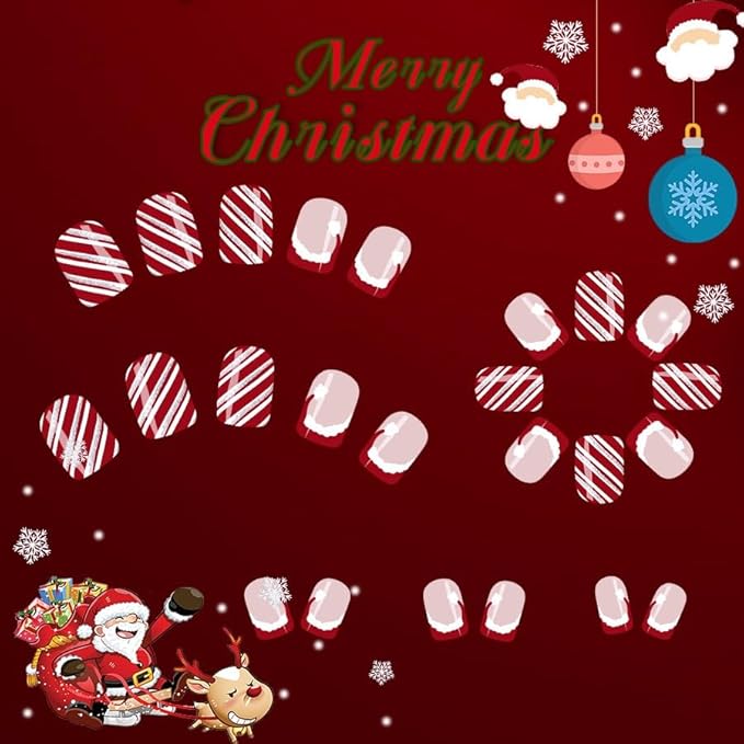 2 Packs 48Pcs Christmas Press on Nails Short Square Fake Christmas Hat Acrylic Candy Stripe Glitter Designs Glue on Kid Winter Xmas Stick on for Women Girls Decoration
