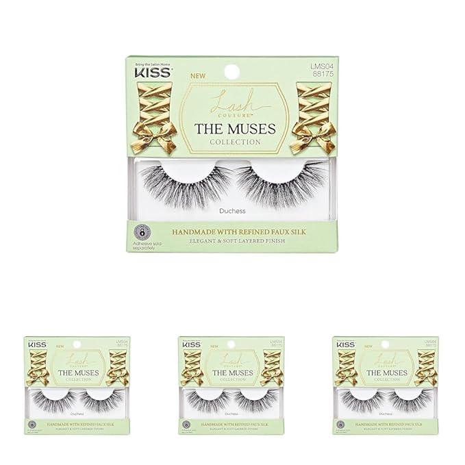 KISS Lash Couture The Muses Collection False Eyelashes, Duchess', 16 mm, Handmade, Refined Faux Silk, Contact Lens Friendly, Easy to Apply, Includes 1 Pair Reusable Strip Lashes (Pack of 4)