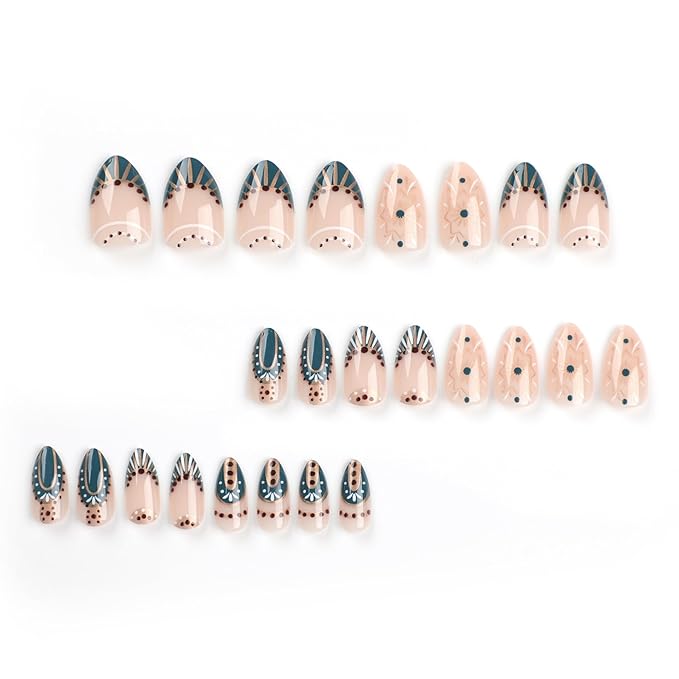 Short Almond Press-on Nails Star French Tip False Nails with Designs Glue-on Artificial Acrylic Nails for Women Manicure Art - 24 Pcs