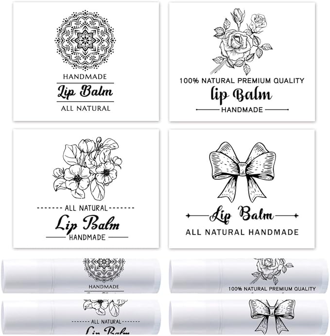 OLYCRAFT 100Pcs Self-Adhesive Lip Balm Tag Stickers 1.7x2.1 inch Adhesive Label with 4 Styles Patterns Rectangle Lipstick Tag Sticker for Lip Balm Container Tubes Lipstick Wrapping Decoration