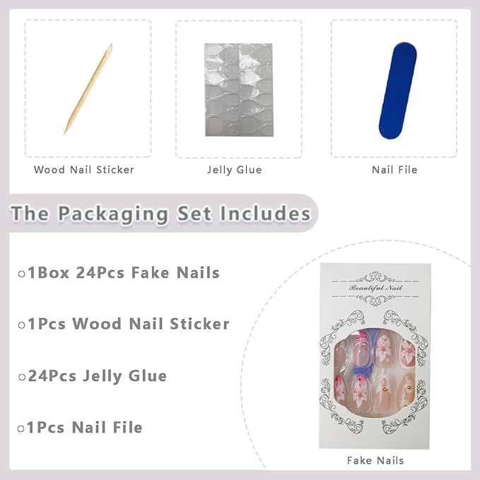 24Pcs Flower Press on Nails Almond Medium Fake Nails with 3D Floral Gold Bead Design Pink Leopard French Tip False Nails Glossy Glue on Nails Full Cover Summer Stick on Nails for Women Manicure Decor