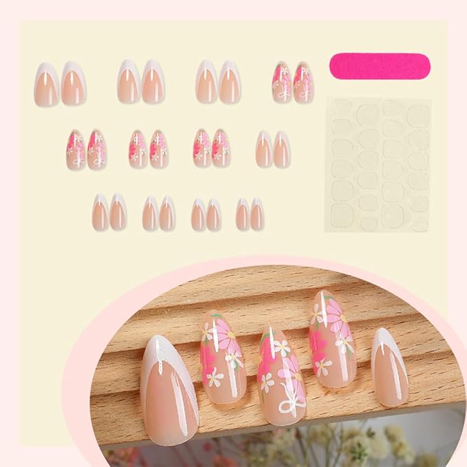 24Pcs Colour Flower Press on Nails Medium Almond Fake Nails White French Tip False Nails Nude Full Cover Artificial Glue on Nails Spring Stick on Nails Reusable Artificial Nails for Women DIY Manicure
