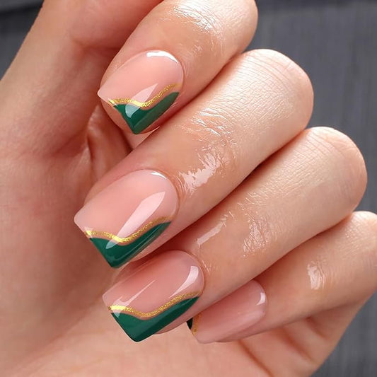 Green Press On Nails Short Square with Green Wavy French Tips and Gold Metallic Trim Line, Glossy Gel Finish, 30PCS 15 Sizes Reusable Acrylic Fake Nails Kit for Women