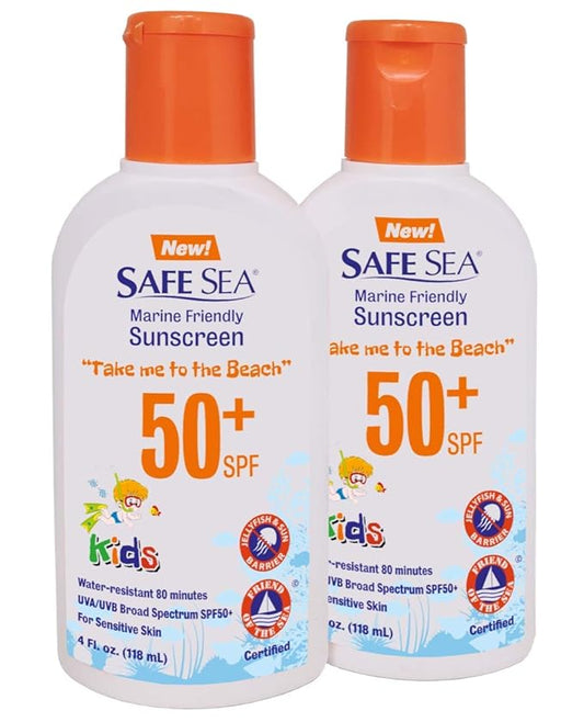Safe Sea SPF50+ Kids sunscreen - Jellyfish and Sea lice protective lotion. Very Water Resistant, Sensitive skin Reef-Safe Sunscreen. Oxybenzone and Octinoxate free, Paraben free, 4 fl. Oz. Pack of 2