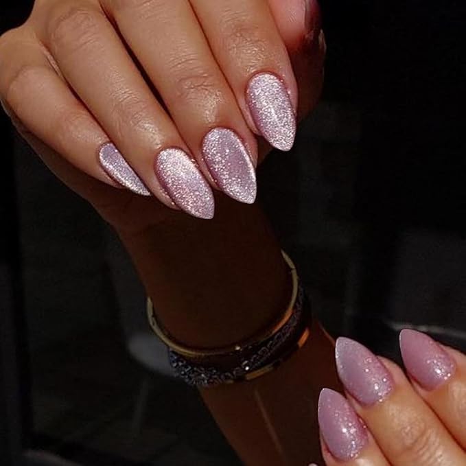 KQueenest Press On Nails Short - Pastel Light Purple Press On Nails Almond Shape, Glitter Cat Eye Fake Nails with Nail Glue, Reusable Cute Bright Gel Glue On Nails with Color-Shifting Glow, 30 Pcs