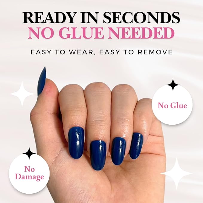 Perfect Look Press On Nails - Blue Ink | No Glue One-Day Long Oval Nails, Glossy Deep Blue Fake Nails for Bold Looks - 24 Pcs Nail Kit with Adhesive Tabs