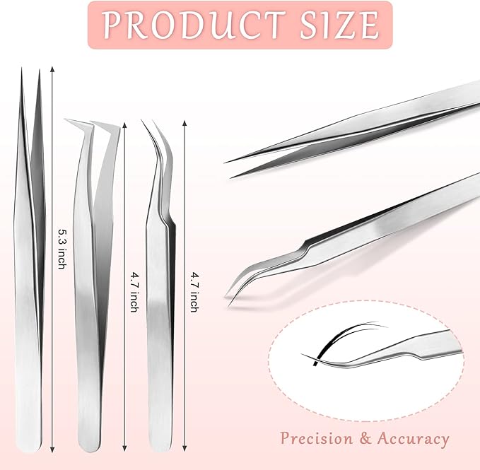 6 Pcs Tweezers for Eyelash Extensions, Straight and Curved Stainless Steel, Individual Volume, Isolation Tweezers (Silver)