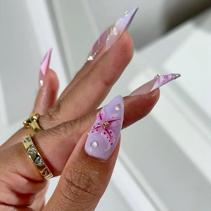 24Pcs Purple Flower Press on Nails Almond Fake Nails 3D Flowers False Nail with Pearl Water Droplet Designs Medium French Tips Glue on Nails Flower Purple Acrylic Nails for Women DIY Manicure