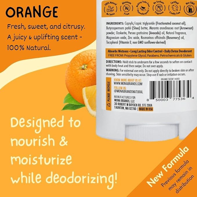 MONA 100% Natural Deodorant for Kids | Safe For Girls & Boys with Sensitive Skin | Baking Soda Free, Aluminum Free | Vegan, Non-GMO, Gluten and Cruelty free (2-PK ORANGE 1.76 Oz each)