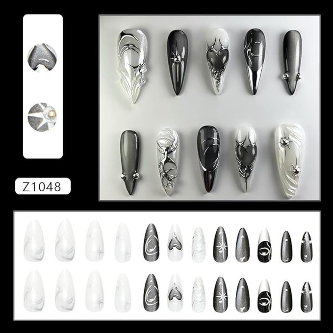 24Pcs Gothic Press on Nails Medium Almond Fake Nails Silver Heart with Rhinestones Design Acrylic Y2k False Nails Black Full Cover Glue on Nails Nude White Stick on Nails for Women Manicure Salon