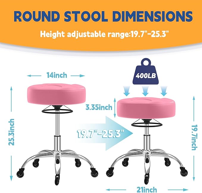 Rolling Stool Heavy Duty 400lb: Super Soft Seat Cushion,360° Swive,Height Adjustability,No Squeaky Noises,No Tip Over,New Upgraded Stool Salon Stool Chair, Tattoo Facial Massage Spa Medical (Pink)