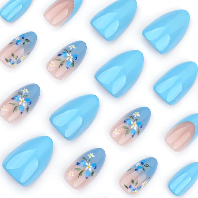 24Pcs Blue Press on Nails Medium Almond Nails French Tip Fake Nails with Floral Spring Summer False Nails Gradient Designs Glue on Nails Blue Flower Acrylic Nails Full Cover Nail Tips for Women