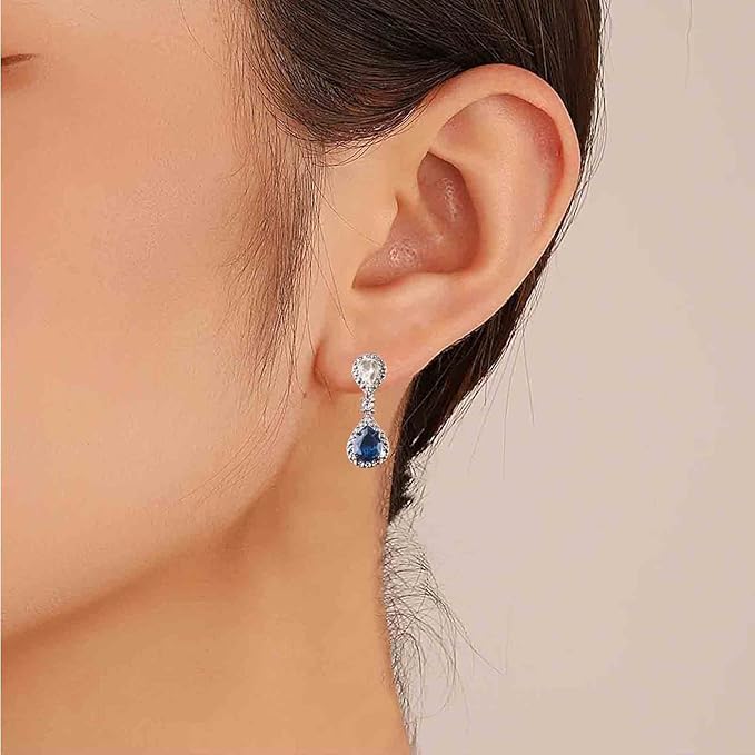 Vintage Sapphire Drop Earrings Oval Sapphire Crystal Earrings Silver Teardrop Rhinestone Stud Earrings Blue Crystal Wedding Earrings Jewelry for Women and Girls Gifts