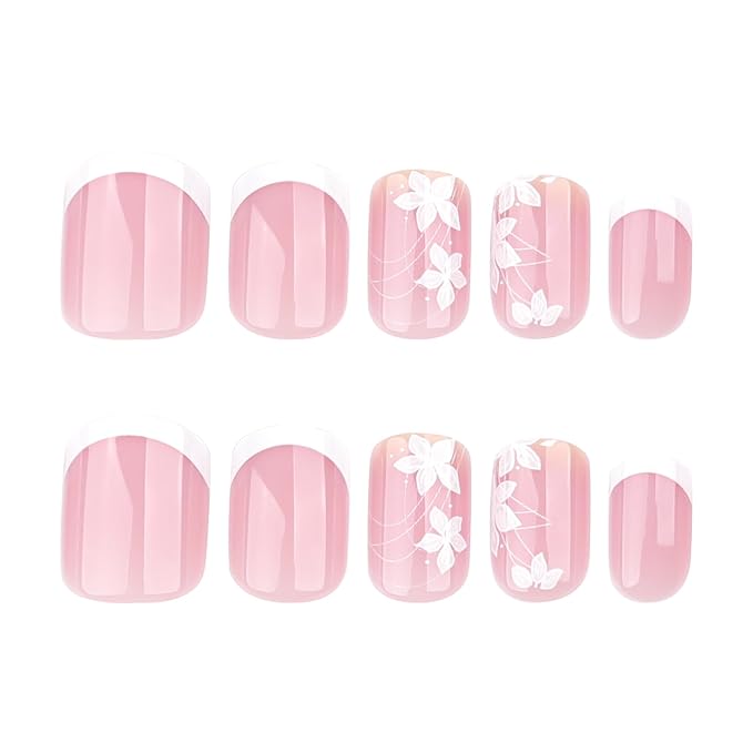 Spring Press On Nails Short Square, Nude Fake Nails with White French Tips Delicately Adorned with White Floral Accents, Glossy Gel Finish Acrylic Nails Press Ons Short Thick Natural Glue On Nails Kit