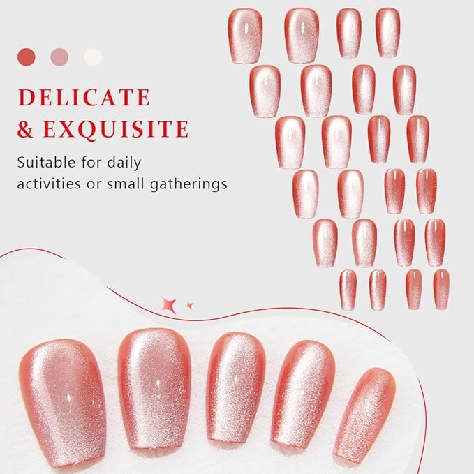 evpct Pink Cat Eye Coffin Press on Nails Square Medium, Medium Square Glue on Nails for Women Gift, Warm Pink Metallic Glitter Glossy Reusable Spring Summer Gel Press on Acrylic Fake Nail with Design