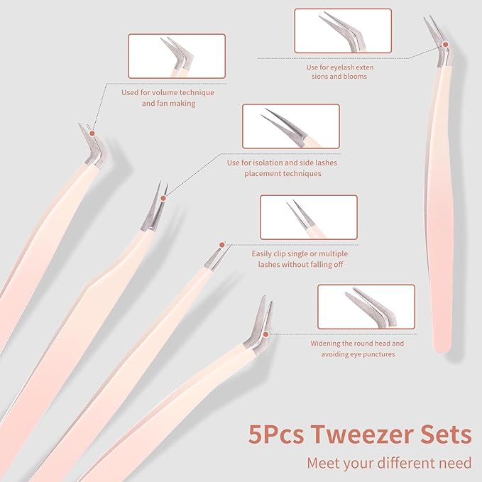 5 Pcs Lash Extension Tweezers, Lash Tweezers for Eyelash Extension, Straight and Curved Eyelash Tweezers, For Professional Eyelash Extension Artists, Girls, Women, Beginners
