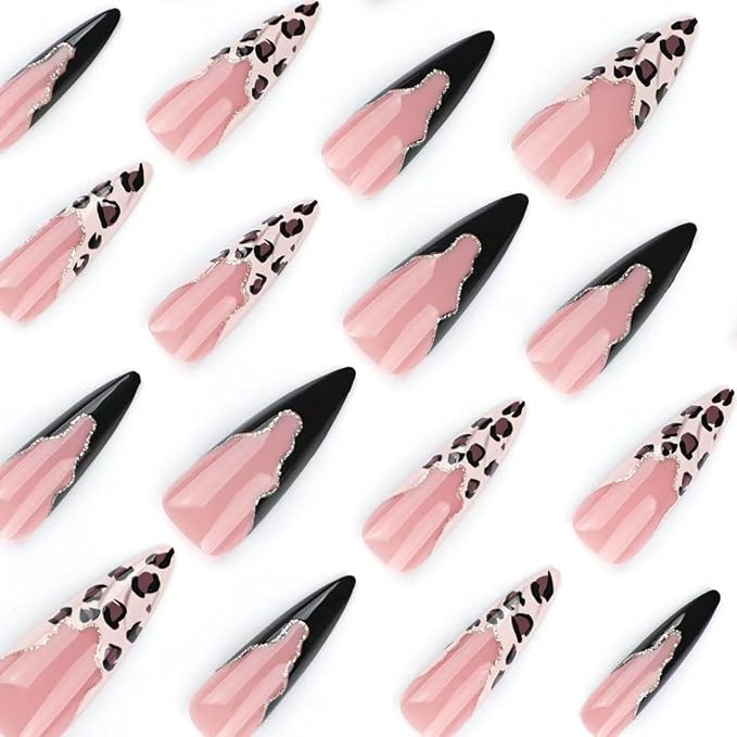 French Tip Press on Nails Long Fake Nails Stiletto False Nails with Leopard Print Design Gold Glitter Glossy Acrylic Artificial Nails Full Cover Stick on Nail for Women 24 Pcs