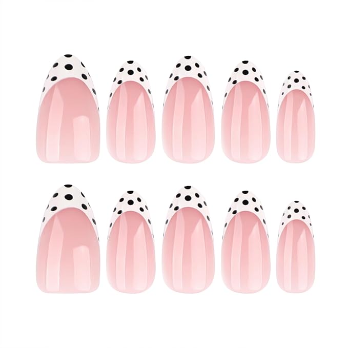 Press On Nails Almond Medium – Nude Pink French Tips with Black & White Polka Dot Design, 24PCS Glossy Acrylic Fake Nails, Reusable Stick On Nails Kit with Glue & Tools for Women, Trendy DIY Manicure