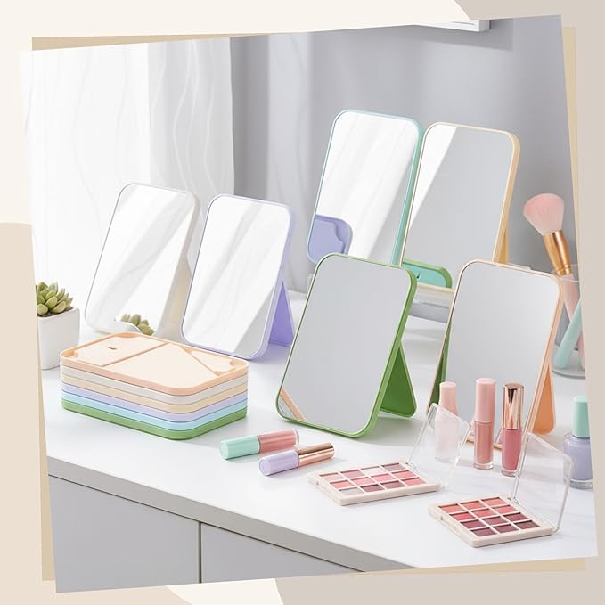 24 Pack Desktop Foldable Makeup Mirror Bulk 8 x 5.3 Inch Vanity Table Mirror with Stand, 90° Adjustable Portable Folding Travel for Spa Party, Women, Cosmetics Personal Beauty, 6 Color